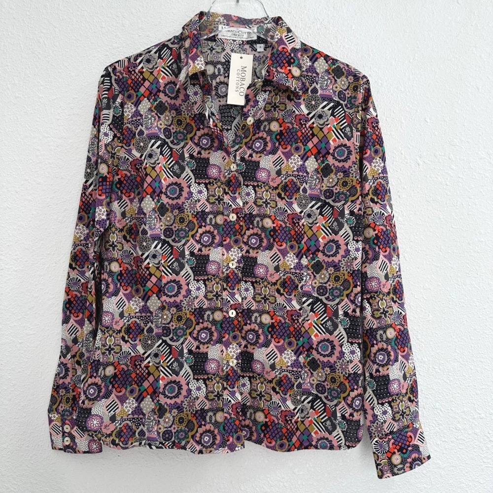 Mobaco Cottons Liberty of London Button Down Shirt Women 4 Multi Long Sleeve NWT